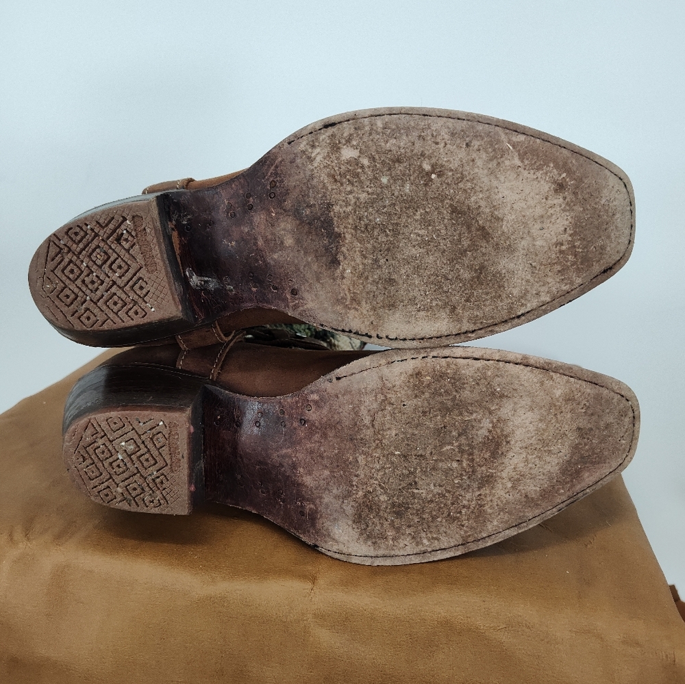 Rouswest Tan Leather And Fabric With Roses Snip Toe Cowboy Boots Women's Size 9 - Picture 6 of 7
